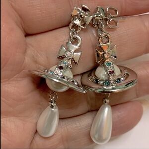 silver Saturn 🪐 orb pearl drop earrings 18k gold plated silver New